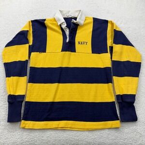 VTG Chalk Line Navy Rugby Shirt Mens M Yellow Blue Striped Long Sleeve Collared